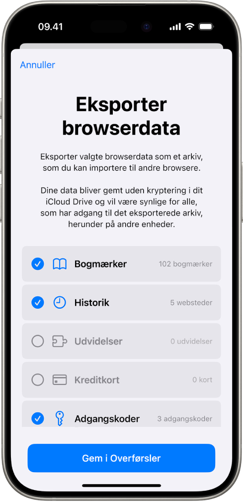 Skærmen Eksporter browserdata, som viser de data, der kan eksporteres fra Safari til en anden browser.