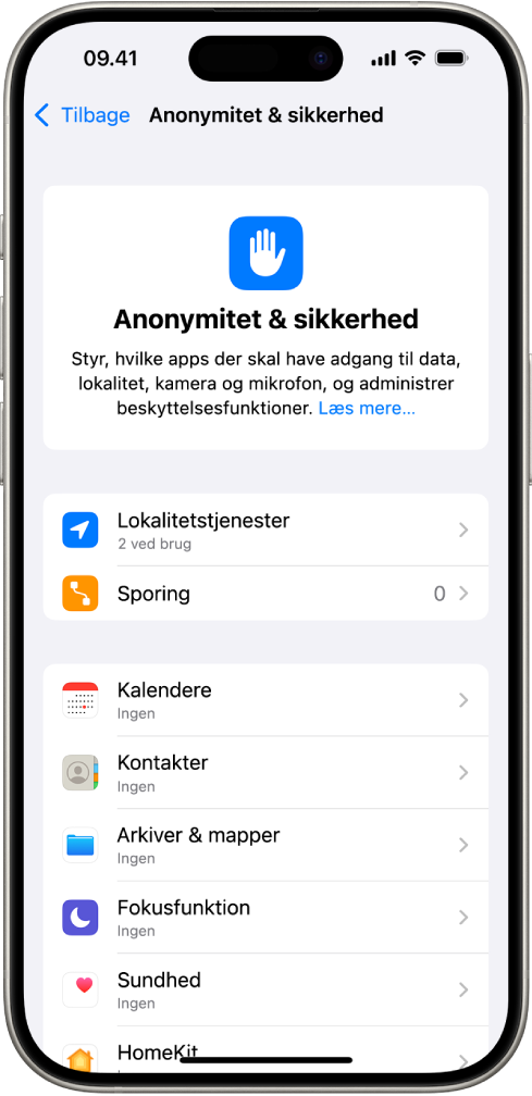 Skærmen Anonymitet & sikkerhed med indstillinger til Lokalitetstjenester og Sporing og indstillinger til at styre, hvilke apps der kan få adgang til dine data.
