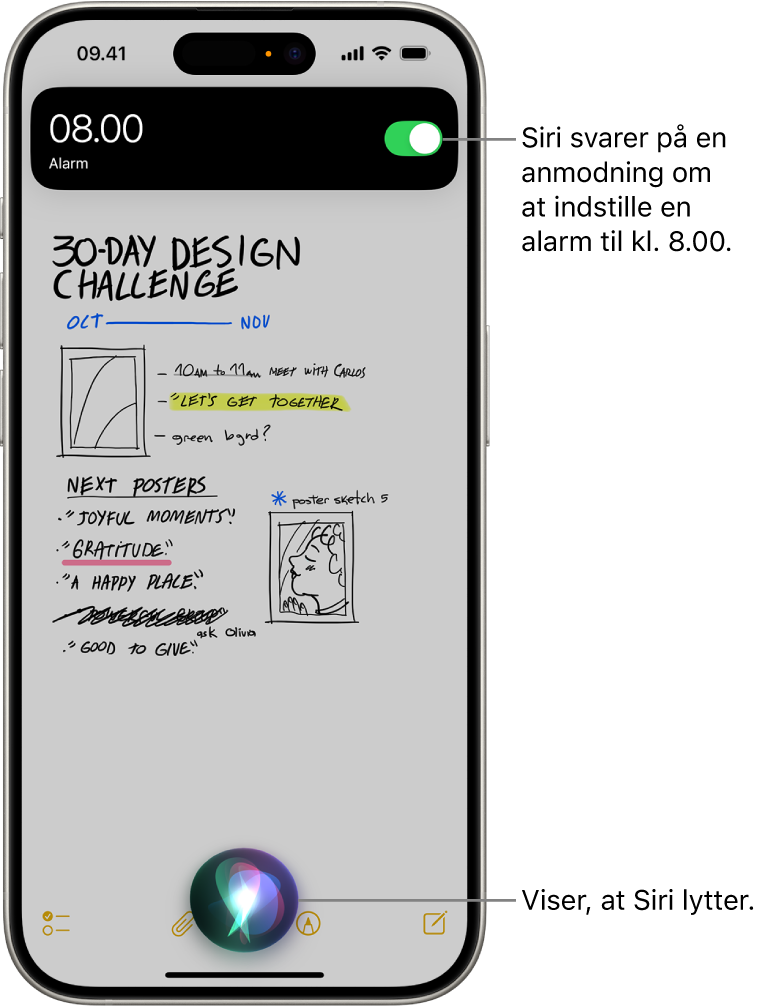 En iPhone-skærm. Øverst på skærmen vises en notifikation fra appen Ur om, at der er indstillet en alarm til kl. 8.00. Et symbol nederst på skærmen viser, at Siri lytter med.