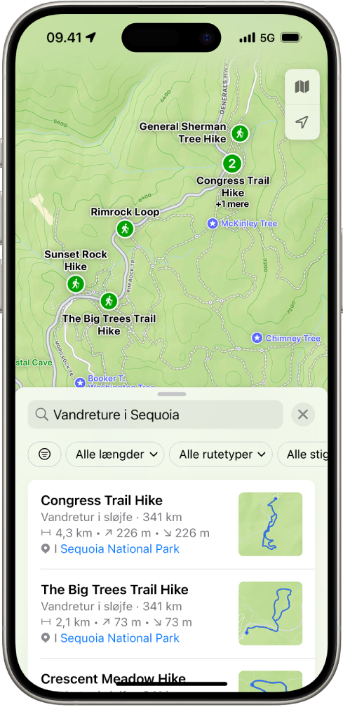 Appen Kort, der viser resultater, som matcher en søgning efter vandreture i en nationalpark.