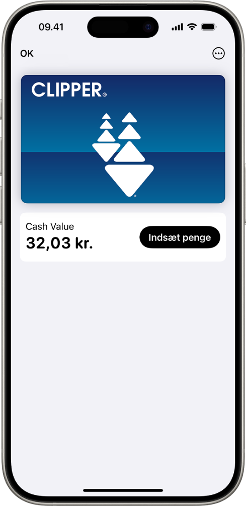 Et rejsekort i appen Wallet, der viser saldoen i kontoen og knappen Tilføj penge.