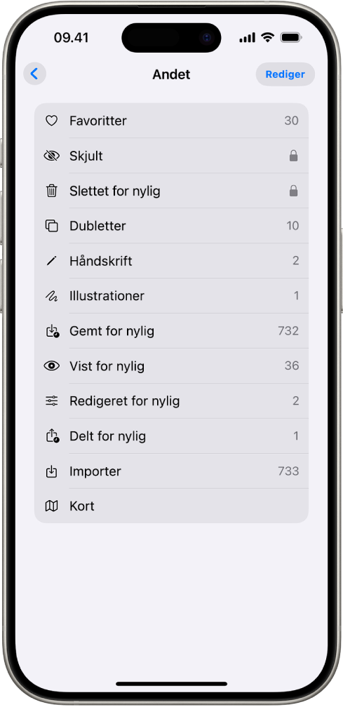 Samlingen Andet er åben i appen Fotos og viser en liste over samlinger af fotos.