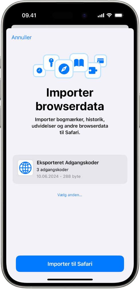 Skærmen Importer browserdata, som viser CSV-arkivet med adgangskoder, som skal importeres fra en anden adgangskodeapp.