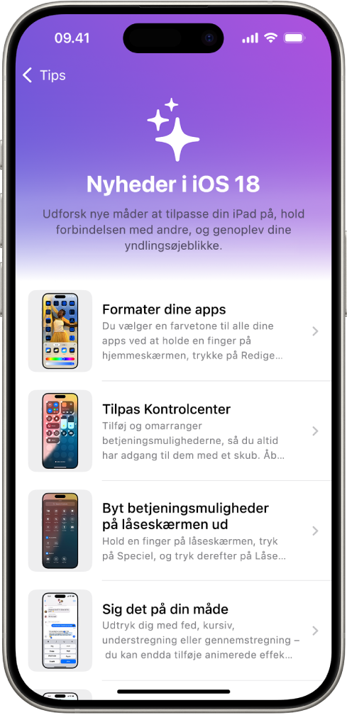 En skærm med en samling af tips med pile, der angiver, at du kan trykke på en samling for at se tippene i den.