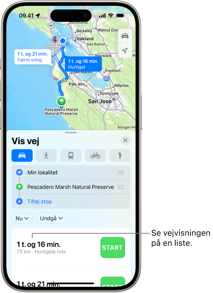 Se en ruteoversigt eller en liste over, hvor du skal dreje, i Kort på ...