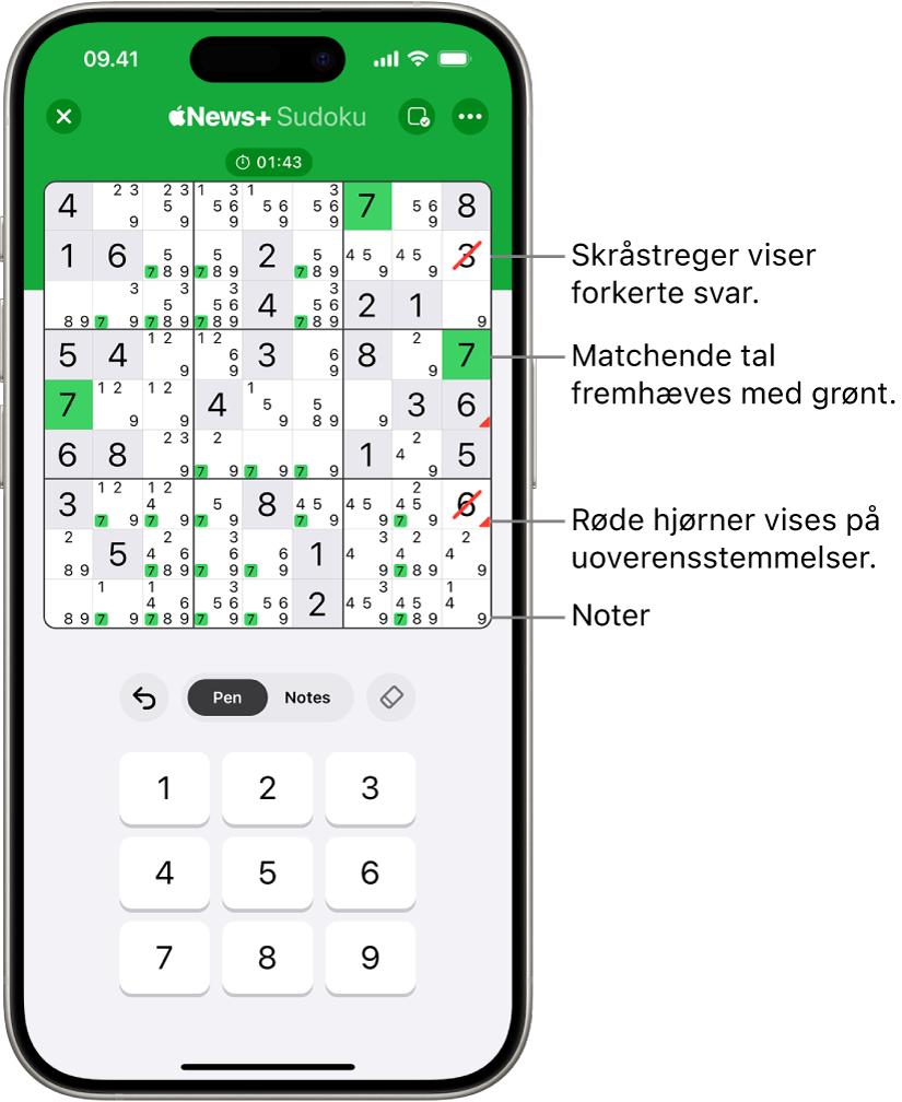 En sudokuopgave med flere funktioner slået til: Notes, Highlight Matching Numbers, Show Conflicts og Autocheck.