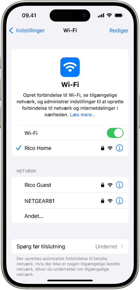 Wi-Fi-indstillingsskærmen i Indstillinger. Wi-Fi er slået til, og et netværk er valgt.