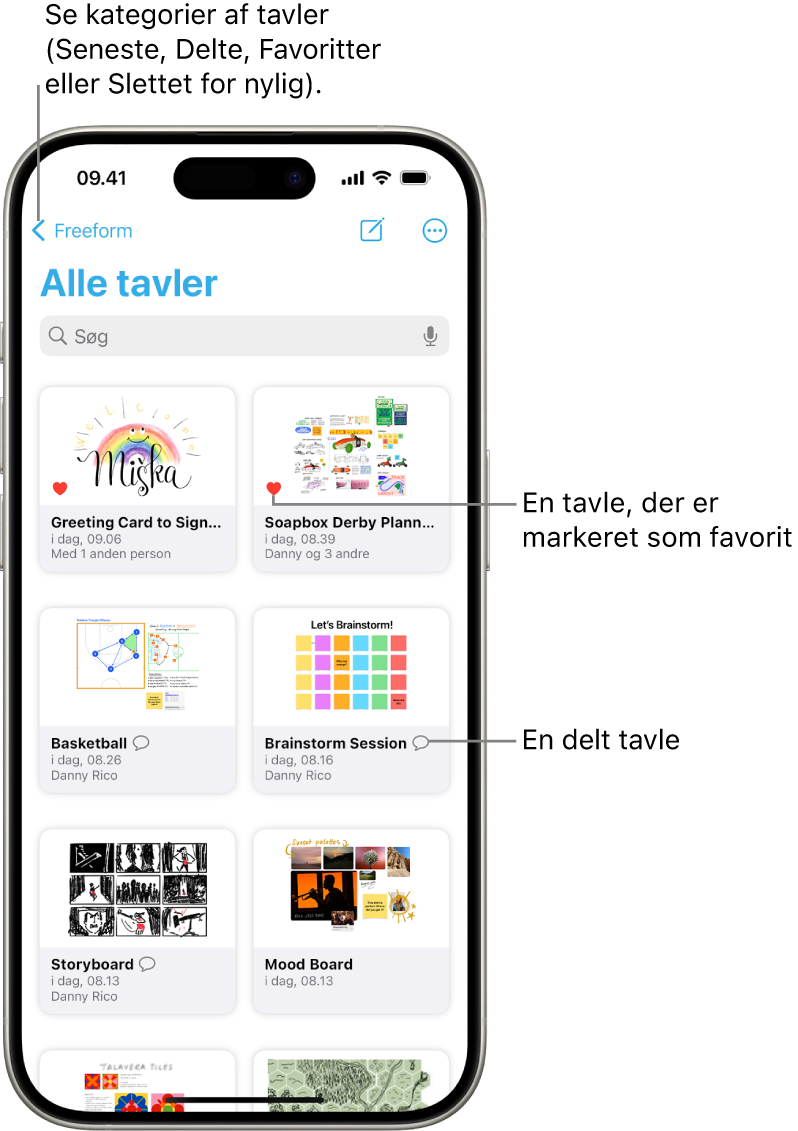 Skærmen Alle tavler i Freeform er åben, og den viser miniaturer af otte tavler.