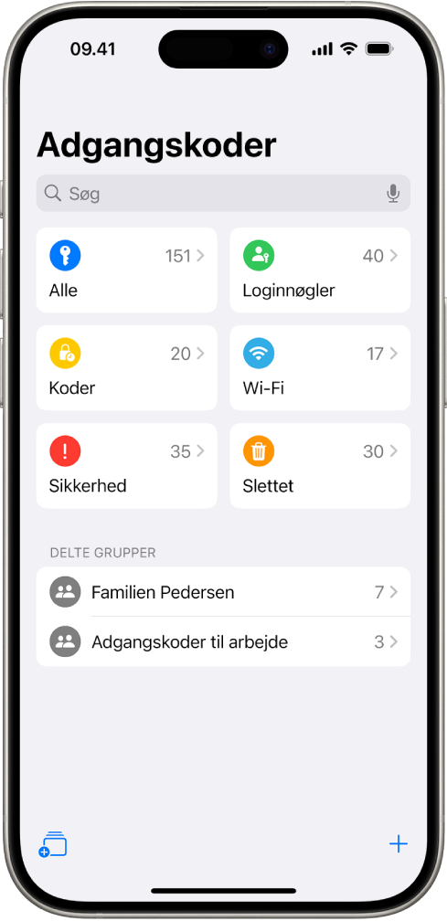 Hjemmeskærmen i appen Adgangskoder med knapper til Alle, Loginnøgler, Bekræftelseskoder, Wi-Fi, Sikkerhed og Slettet sammen med en liste over delte grupper.