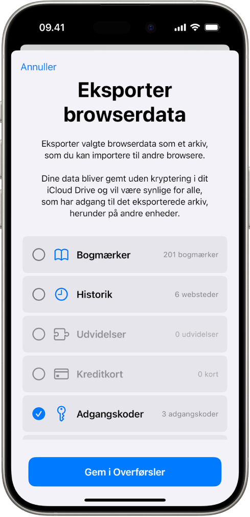 Skærmen Eksporter browserdata med muligheden Adgangskoder valgt for at eksportere til en anden adgangskodeapp.