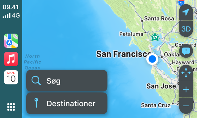 En CarPlay-skærm, der viser et kort over San Francisco. Til højre vises lokaliteten, 3D, rapporter fare og zoomknapperne. Nederst vises knapperne Søg og Destination.