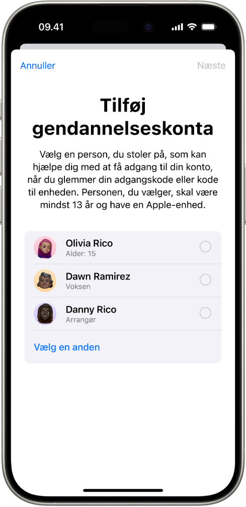 Skærmen Tilføj gendannelseskontakt.