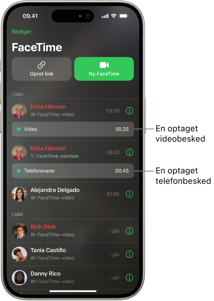FaceTime-opkaldshistorikken med links til en optaget videobesked og en telefonbesked.