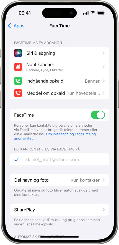 Skærmen Indstillinger til FaceTime, der viser knappen til at slå FaceTime til eller fra og feltet med din Apple-konto til FaceTime.