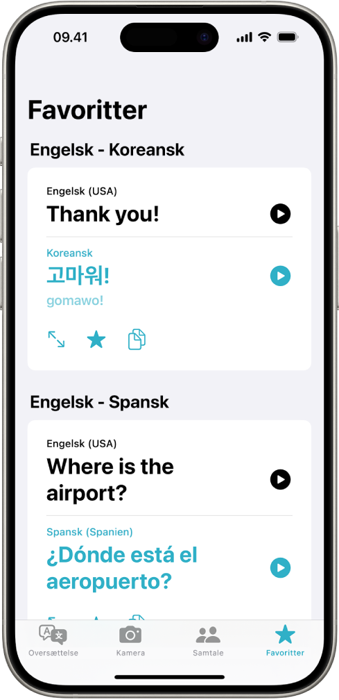 Fanen Favoritter, der viser gemte udtryk oversat fra engelsk til koreansk og fra engelsk til spansk.