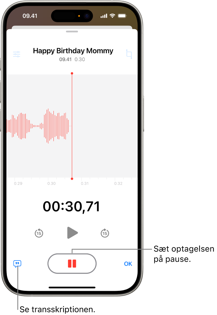 En optagelse af Memoer, der viser en bølgeform til den igangværende optagelse sammen med en tidsindikator og en knap til at sætte optagelsen på pause.