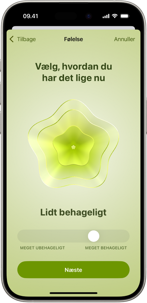 En skærm i appen Sundhed, der identificerer den aktuelle sindstilstand med ordene Lidt behageligt. Nederst på skærmen er der et mærke til justering af følelsens niveau.