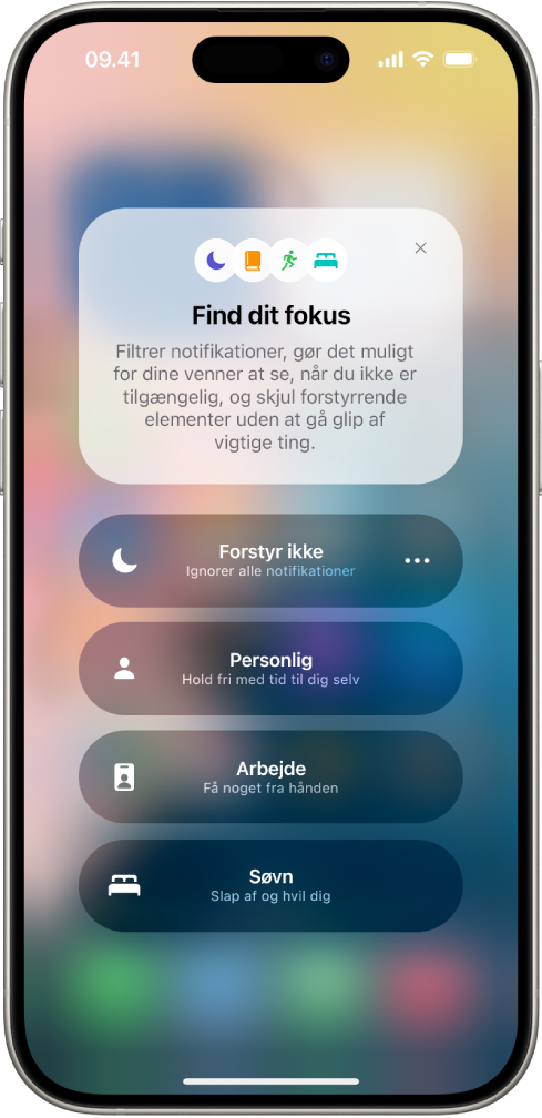 Kontrolcenter, der viser fokusfunktionerne, med knapper til at indstille fokusfunktionernes varighed.