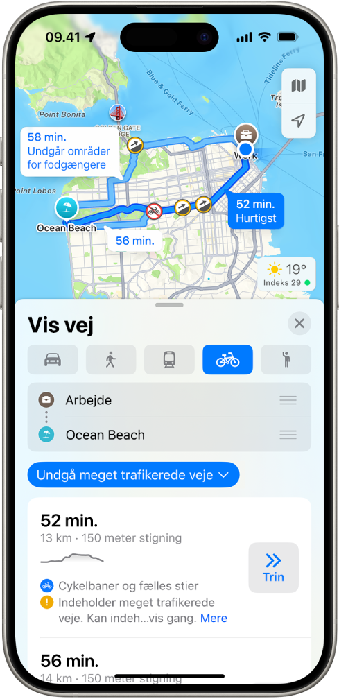 Et kort, der viser muligheder for cykelruter. Rutekortet i bunden giver detaljer, herunder anslåede rejsetider, højdeforskelle og vejtyper. Knappen Start vises til højre for detaljerne.