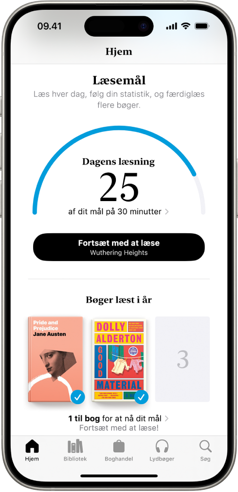 Skærmen Læsemål med statistikker til brugeren – f.eks. dagens læsning, brugerens læserekord for ugen og bøgerne, vedkommende har læst i år. Langs bunden findes fanerne Hjem (som er valgt), Bibliotek, Boghandel, Lydbøger og Søg.