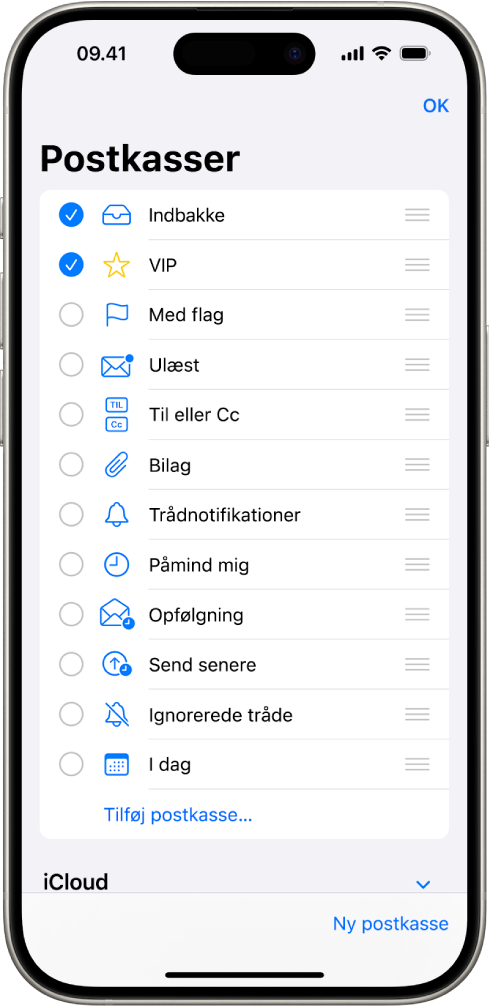 Skærmen til redigering af Postkasser. Valgfrie postkasser vises fra top til bund med et afkrydsningsfelt til venstre for hver mulighed. Nederst til højre på skærmen findes en knap, der hedder Ny postkasse.