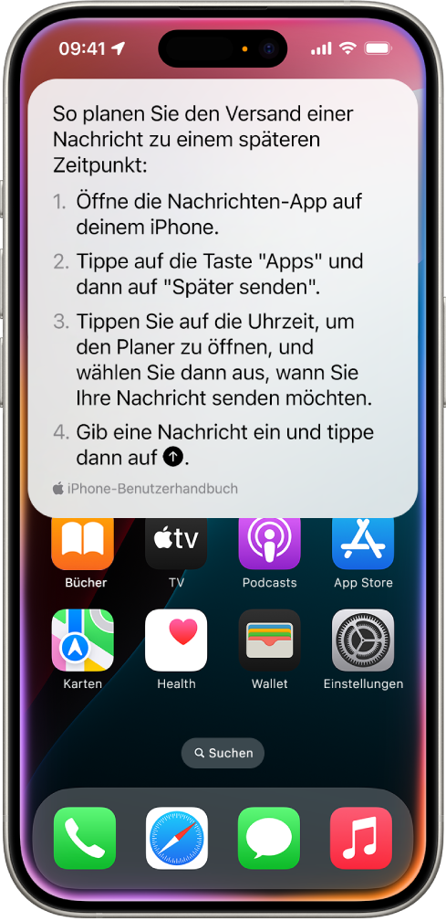 Der Home-Bildschirm des iPhone mit den von Siri bereitgestellten Schritten zum Planen einer Textnachricht, um diese später zu senden.