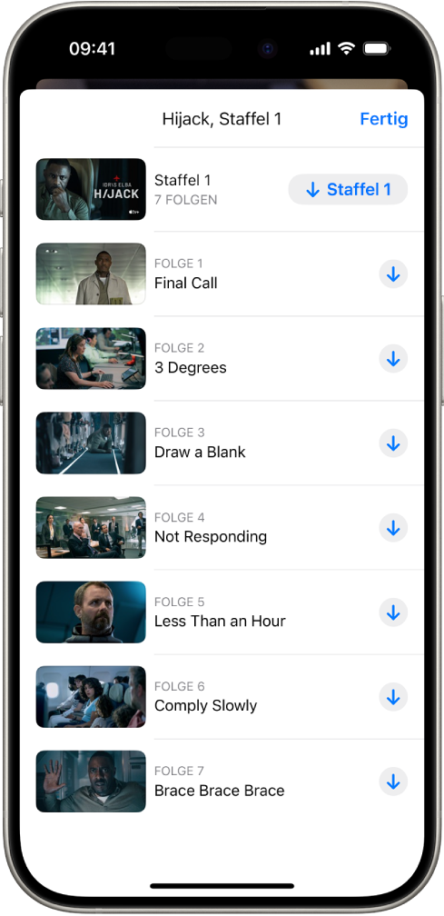 Der Tab „Apple TV+“ mit einer Liste von Episoden eines Apple Originals. Auf der rechten Bildschirmseite werden Tasten zum Laden der ganzen Staffel oder jeder Folge angezeigt.