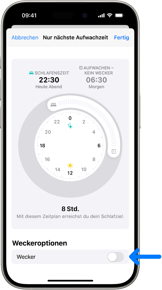 Der Bildschirm „Nur nächste Aufwachzeit“ in der App „Health mit der deaktivierten Option „Wecker“ unten.
