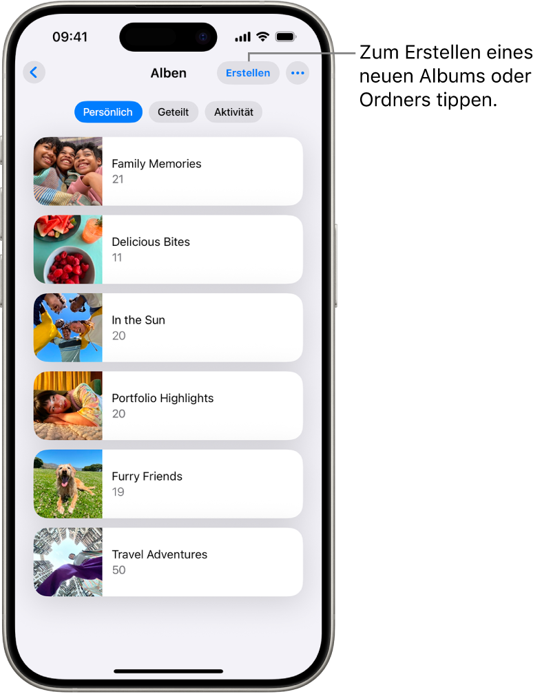 In der App „Fotos“ ist „Alben“ geöffnet. Der Tab „Persönlich“ ist ausgewählt; darunter ist eine Liste von Alben zu sehen.