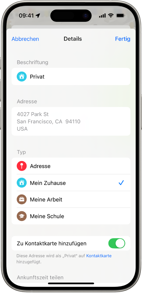 Die App „Karten“ zeigt den Bildschirm „Informationen“ mit Optionen zum Festlegen einer Adresse für Privat, Arbeit oder Schule.