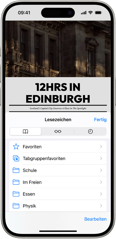 Der Bildschirm „Lesezeichen“ wird angezeigt, mit Optionen zum Ansehen deiner Lesezeichen, der Leseliste und deines Verlaufs.