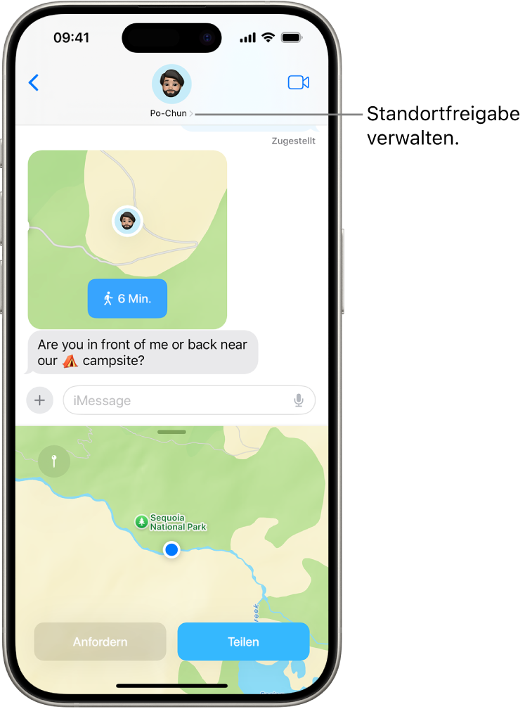 Eine Konversation mit einem geteilten Standort in der App „Nachrichten“.