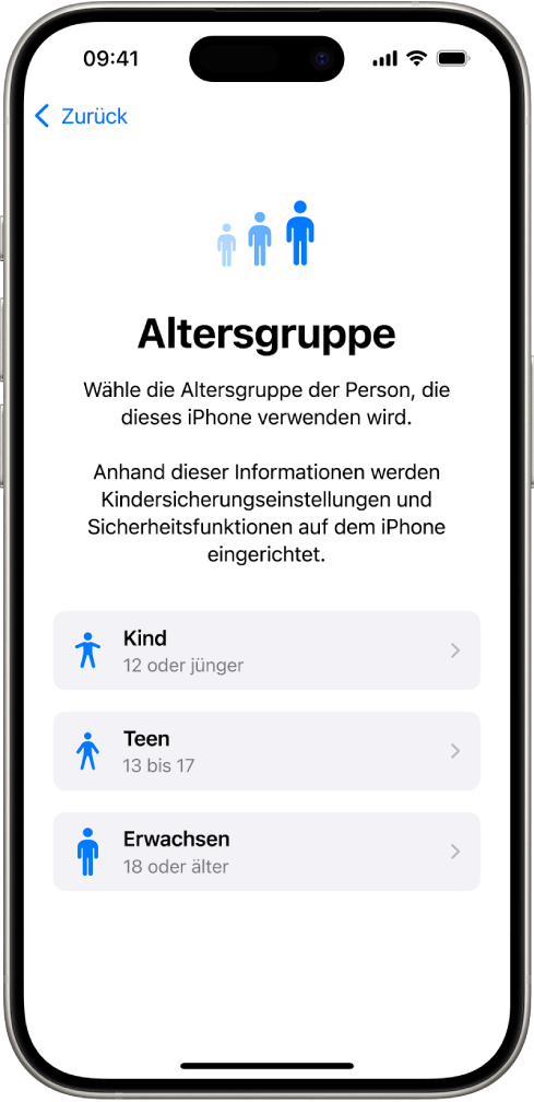 Der Konfigurationsbildschirm „Altersgruppen“. Drei Altersgruppen werden aufgeführt: „Kind“ (12 Jahre oder jünger), „Teen“ (13 bis 17) und „Erwachsene:r“ (18 Jahre oder älter).