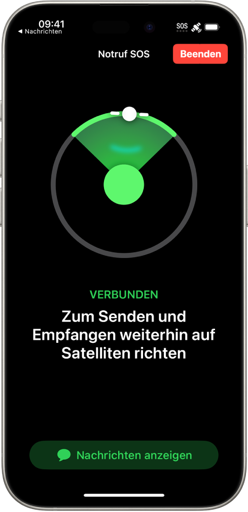 Der Bildschirm „Notruf SOS“ gibt an, dass das Handy verbunden ist, und die Anweisung, das Handy weiterhin in die Richtung des Satelliten zu halten, ist zu sehen. Unten auf dem Bildschirm ist die Taste „Nachrichten anzeigen“ zu sehen.