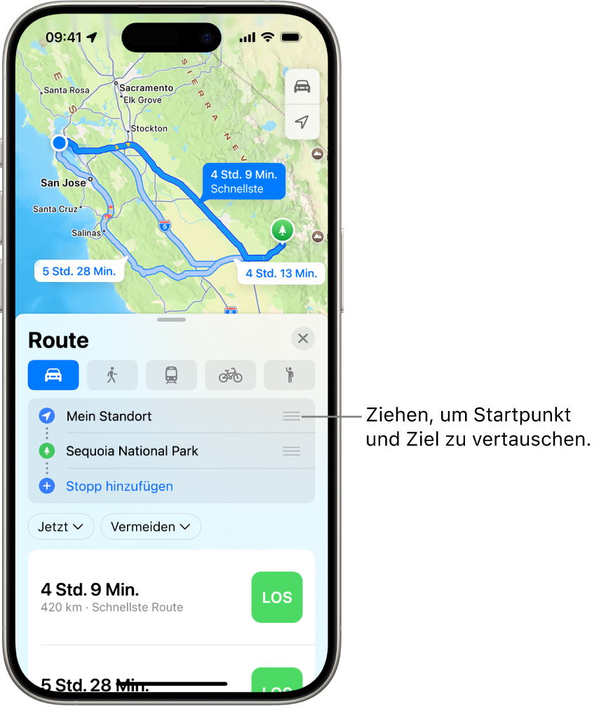 Eine Karte zeigt mehrere mögliche Fahrtrouten zwischen „Mein Standort“ und einem Ziel.