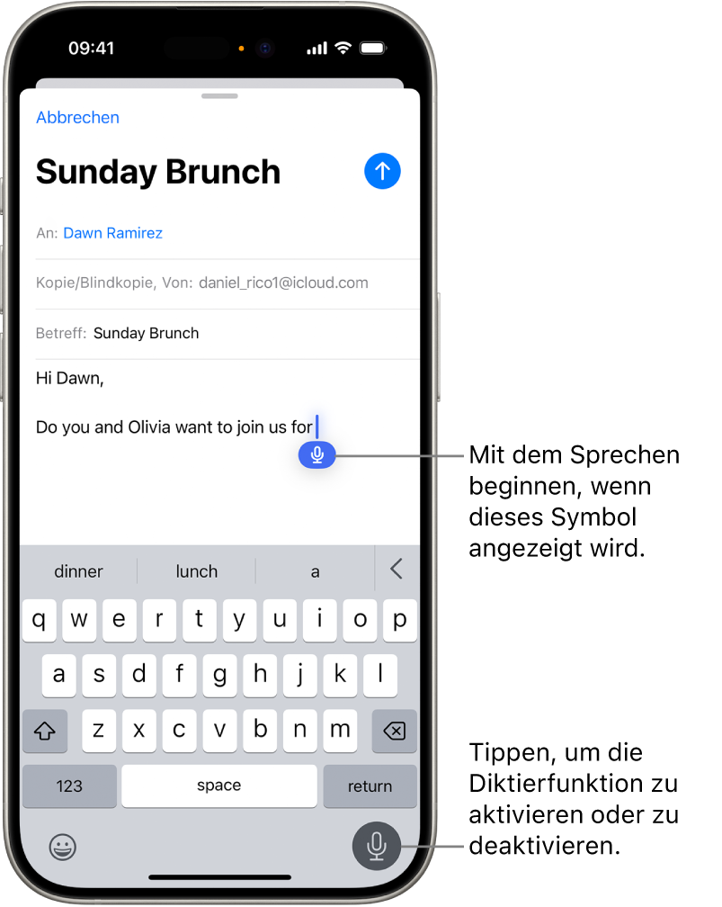 Die Online-Bildschirmtastatur ist in der App „Mail“ geöffnet. Die Taste „Diktat“ unten rechts auf dem Bildschirm wird ausgewählt und die Taste „Diktat“ erscheint unter der Einfügemarke im Eingabefeld.