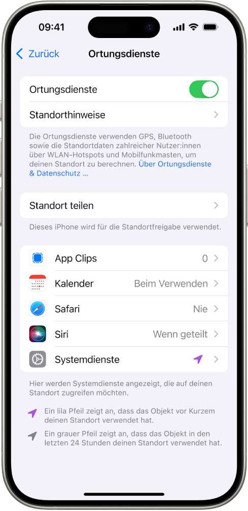 Der Bildschirm „Ortungsdienste“ mit Einstellungen für die Freigabe des Standorts deines iPhone für Apps.