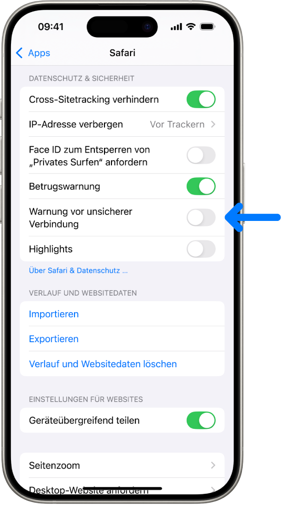 Das Steuerelement „Warnung vor unsicherer Verbindung“ befindet sich unter „Datenschutz & Sicherheit“ im Bildschirm „Safari“ in „Einstellungen“.