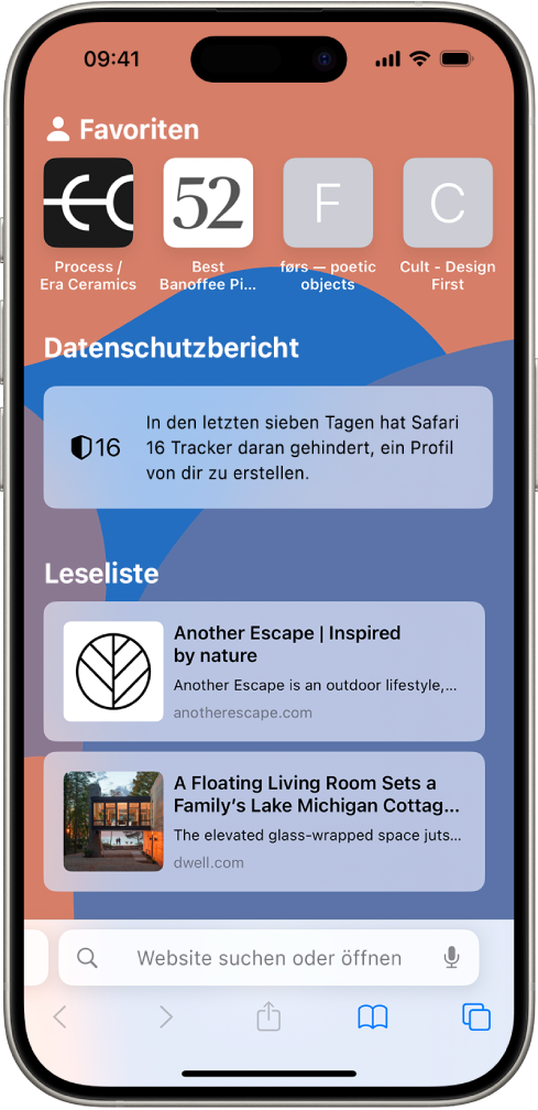 Die Startseite in Safari zeigt bevorzugte Websites, den Datenschutzbericht und auf der Leseliste gesicherte Websites an.