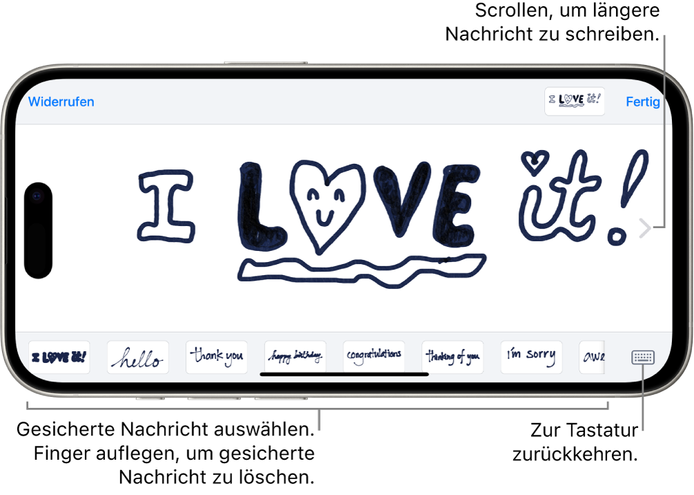 Der Zeichenbereich für einen handschriftliche Nachricht. Unten befinden sich von links nach rechts die gesicherten handgeschriebenen Objekte und die Taste „Tastatur“.