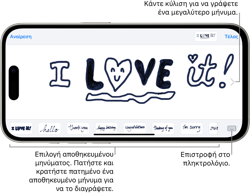 Ο καμβάς για τη σύνταξη ενός χειρόγραφου μηνύματος. Κατά μήκος του κάτω μέρους, από αριστερά προς δεξιά, βρίσκονται αποθηκευμένα χειρόγραφα στοιχεία και το κουμπί «Πληκτρολόγιο».