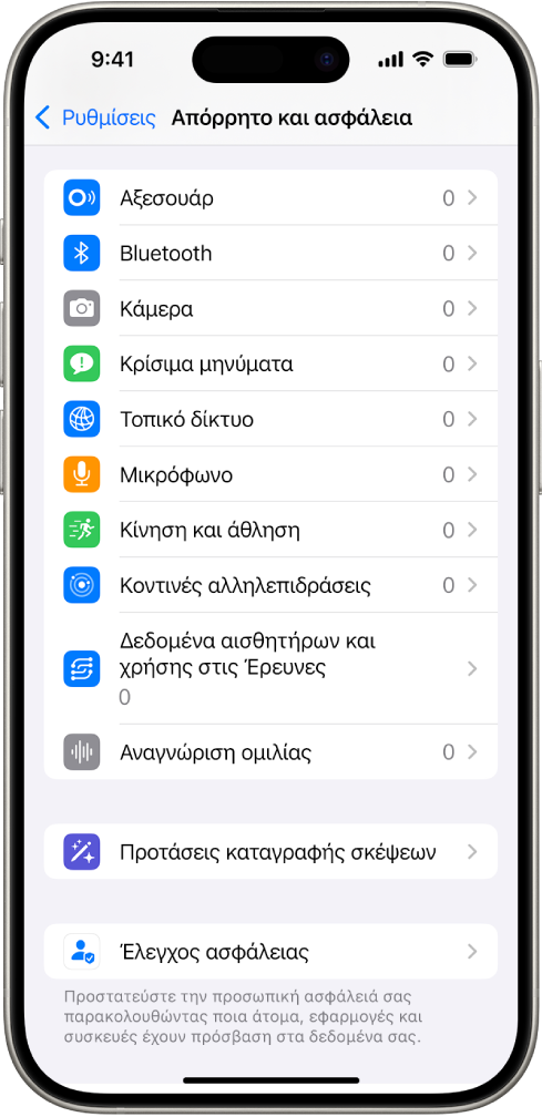 Η οθόνη «Απόρρητο και ασφάλεια», με ρυθμίσεις για τον έλεγχο της χρήσης της κάμερας, του μικροφώνου και άλλων δυνατοτήτων του iPhone από εφαρμογές.