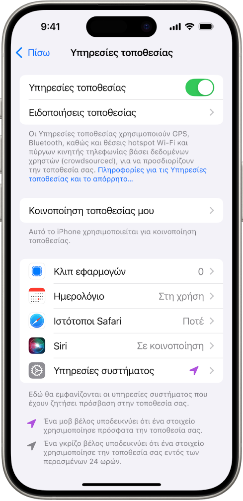 Η οθόνη «Υπηρεσίες τοποθεσίας», με ρυθμίσεις για την κοινοποίηση της τοποθεσίας του iPhone σας σε εφαρμογές.