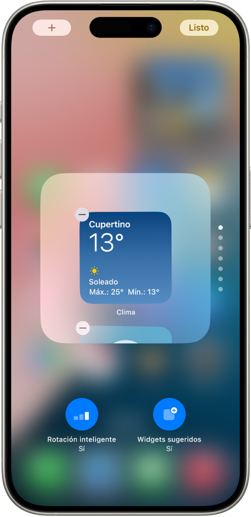 Una pila inteligente que se está editando y que muestra un botón Eliminar en la esquina superior izquierda de un widget en la pila. Debajo está el botón Rotación inteligente y el botón Widgets sugeridos para agregar widgets a la pila.