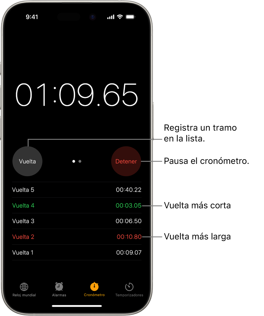Un cronómetro en la app Reloj muestra el tiempo total que ha durado un evento, y debajo se muestran varias vueltas de ese mismo evento.