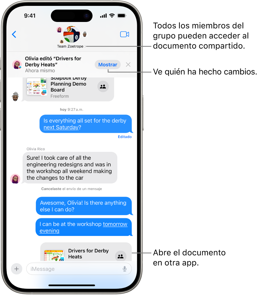 Una conversación grupal en Mensajes incluyendo una invitación de colaboración y actualizaciones en la parte superior de la ventana de la conversación.