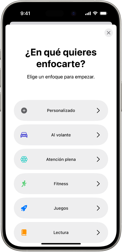 Pantalla de configuración con las opciones de enfoque adicionales que se proporcionan, incluyendo Al volante, Entrenamiento, Juegos, Atención plena y Lectura.