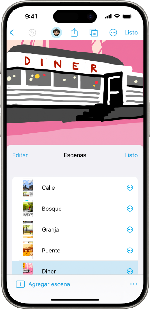 Una escena en Freeform, con el navegador de escenas en la esquina inferior derecha.