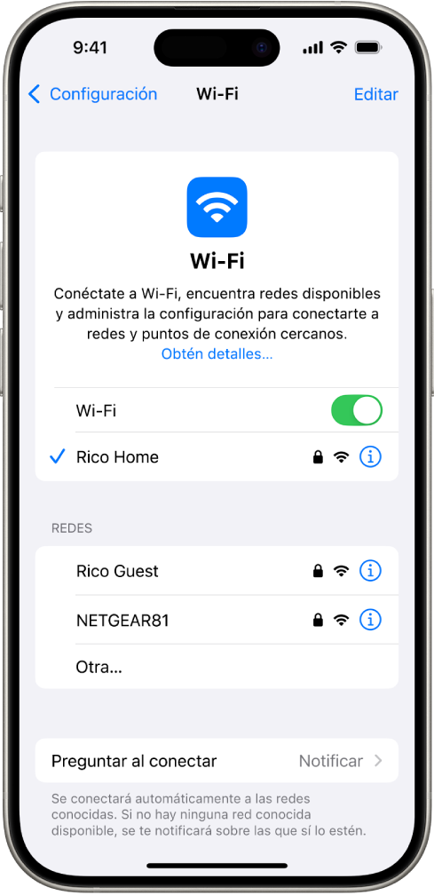 La pantalla de opciones de Wi-Fi en Configuración. La red Wi-Fi está activada y hay una red seleccionada.