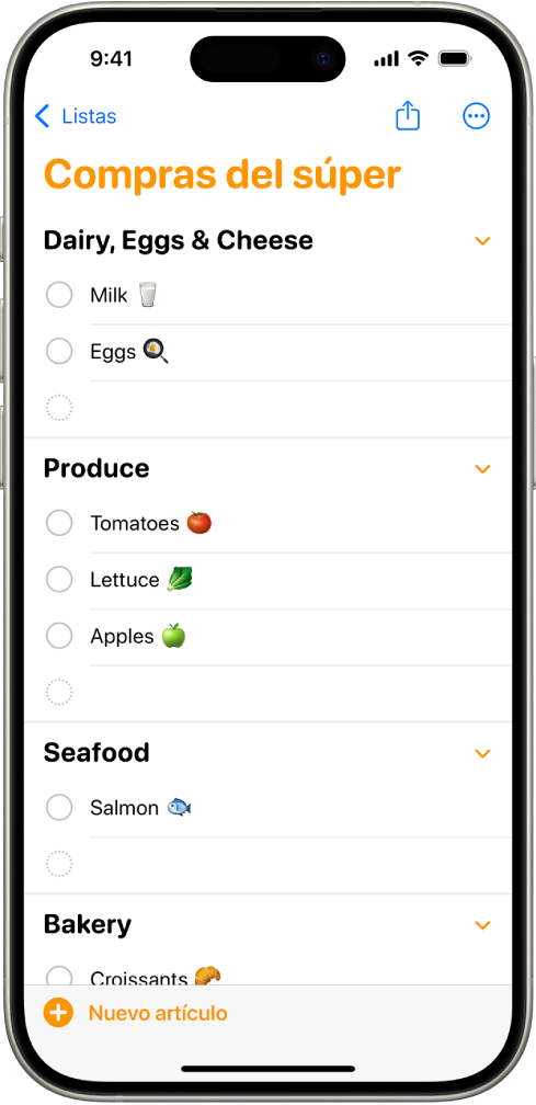 La app Recordatorios muestra una lista de compras del súper con artículos en categorías como Frutas y verduras y Pescados y mariscos.